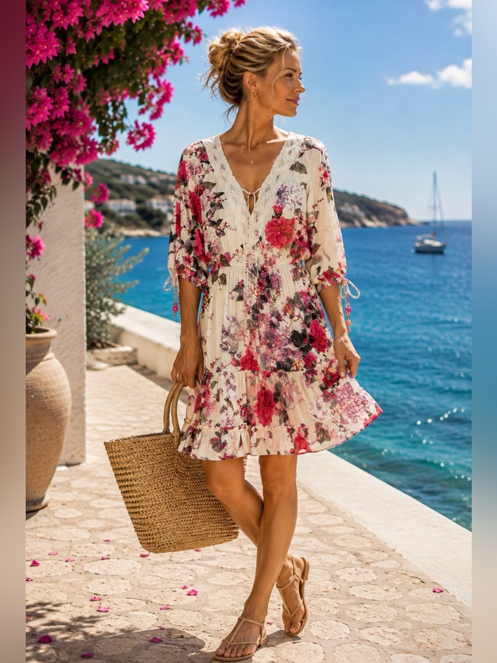 Vanita Rosa Paris St Barth 100% Silk Floral Dress France Lace Trim Resort M L